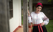 A woman wears a vyshyvanka (Ukrainian embroidered shirt) of the Luhansk region at the Nati...