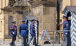 Soldiers of the Castle Guard perform the ceremonial changing of the guard at the main entr...