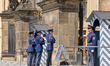 Soldiers of the Castle Guard perform the ceremonial changing of the guard at the main entr...