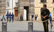 Soldiers of the Castle Guard perform the ceremonial changing of the guard at the main entr...