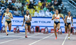 From left to right, Zoe Hobbs of New Zealand, Shelly-Ann Fraser-Pryce of Jamaica, Mujinga...