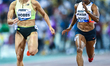 From left to right, Zoe Hobbs of New Zealand and Shelly-Ann Fraser-Pryce of Jamaica compet...