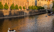 People use a swan-shaped pedal boat on the Vltava River at sunset with historic buildings...