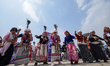 Members of Nepal's indigenous Kirat community perform the Shakela dance while celebrating...