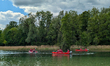 Boots of the German Water Rescue are on Kuhsee Lake in Augsburg, Swabia, Bavaria, Germany,...