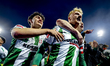 FC Dordrecht midfielder Jari Schuurman celebrates the win with the supporters during the m...