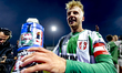 FC Dordrecht midfielder Jari Schuurman celebrates the win with the supporters during the m...