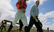 Jockey Sahin Civaci walks back from the track after the third race at Woodbine Racetrack i...