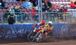 Leicester Lions' Max Fricke in white rides inside Belle Vue Aces' Brady Kurtz in red durin...