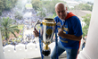 Persib Bandung coach Bojan Hodak poses with the Liga 1 champion trophy at Gedung Sate in B...