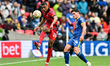 David Okagbue, 26, from Walsall, passes the ball during the Sky Bet League 2 Play Off Fina...
