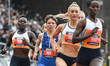 Diribe Welteji of Ethiopia leads in the Women's 1500 Meters during the Grand Slam Track se...