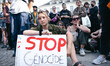 In Rennes, France, on June 9, 2025, demonstrators hold up a sign against the genocide in G...