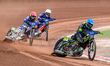 Martin Vaculik, 54, of Slovakia in blue leads Jack Holder, 25, of Australia in red and And...