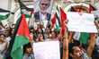 Pro-Palestinian demonstrators hold up Palestinian flags and a flag bearing the image of th...
