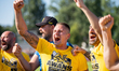 Wieczysta Krakow players celebrate victory and promotion to the First League after winning...