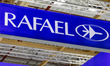 Close up at RAFAEL logo over the sealed booth. The closed off stands of Rafael military se...