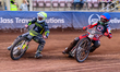 Emil Saifutdinov of Ipswich Witches in white leads Brady Kurtz of Belle Vue Aces in blue d...