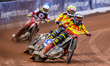 Jonas Jeppesen of the Birmingham Brummies in white leads Keynan Rew of the Birmingham Brum...