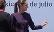 Mexico's President Claudia Sheinbaum Pardo gestures during the start-up ceremony of the Un...