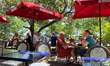 People eat lunch at a restaurant patio in Old Quebec City, Quebec, Canada, on June 25, 202...