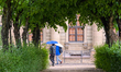 People use umbrellas during rain in the Court Garden of the Wuerzburg Residence in Wuerzbu...