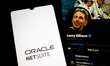 The Oracle NetSuite logo appears on a smartphone screen, and the X (formerly Twitter) of L...