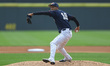 Somerset Patriots pitcher Elmer Rodriguez-Cruz #16 throws during the first inning of a bas...