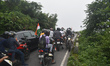 Traffic becomes stuck on a hill road in Kurseong, Darjeeling, West Bengal, India, on Augus...