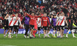 Players of River Plate celebrate their qualification after a penalty shootout in the match...