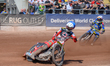 Tate Zischke of Belle Vue Aces in blue leads Nick Morris of Sheffield Tigers in white duri...