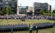 A general view shows new recruit soldiers of the German Bundeswehr during a ceremony in fr...