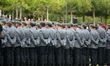 A general view shows new recruit soldiers of the German Bundeswehr during a ceremony in fr...
