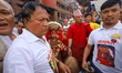 The Nepali Living Goddess, the Kumari, walks toward the chariot at Hanuman Dhoka Durbar Sq...