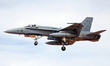 A McDonnell Douglas EF-18A Hornet aircraft of the Spanish Air Force lands at Los Llanos Ai...