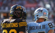 Defensive back Stavros Katsantonis #30 of the Hamilton Tiger-Cats and wide receiver David...