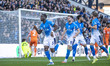 Joseph Olowu, #5 of Stockport County F.C., celebrates his goal during the Sky Bet League 1...