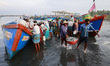 Fishermen carry baskets full of sardines after unloading them from a fishing boat at Chell...