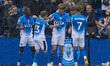 Nathan Lowe #9 of Stockport County F.C. celebrates his goal with teammates during the Sky...