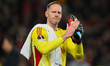 Matz Sels, Nottingham Forest goalkeeper, celebrates victory during the UEFA Europa League...