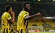 AEK's players celebrating the second goal during the UEFA Conference League group stage ma...
