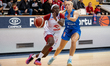 Ja'Leah Williams and Klaudia Gertchen play during the basketball game between Wisla Krakow...