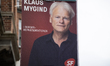 An election campaign poster for Klaus Mygind of the Green Left is seen in Copenhagen, Denm...