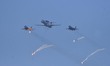The Indian Air Force aerobatic team performs as part of the 93rd Air Force Day celebration...