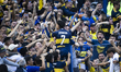 Exequiel Zeballos of Boca Juniors celebrates scoring their first goal during a match betwe...