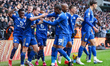 Oliver Skipp of Leicester City, second from the left, is congratulated for the goal during...