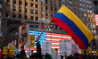 Protesters gather in Manhattan, NYC, on December 6, 2025, for the No War in Venezuela rall...