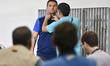 Nicolas Larcamon, head coach of Cruz Azul, looks on before the press conference ahead of t...