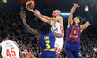 Evan Fournier, Myles Cale, and Miles Norris play during the match between FC Barcelona and...