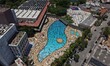 An aerial image shows people at the Sesc Belenzinho pool in the eastern part of Sao Paulo,...